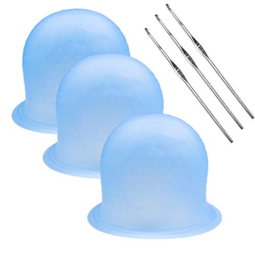 3 Sets Blue Silicone Highlight Cap with 3 Pcs Hooks for Women Dyeing Hair