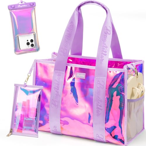 Bagstellar Beach Bags for Women 3 PCS Large Iridescent Clear Beach Tote Bag with Zipper Makeup Bag & Waterproof Phone Pouch Case Sandproof Crossbody Swim Pool Bag Summer Vacation Travel Essentials