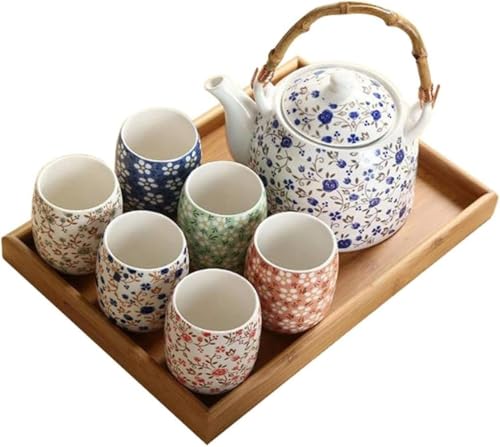 Fiegcit 急須 湯呑み 茶托 8点セット 茶器セット ティーポット 茶器揃 花柄 和風 茶具 煎茶碗 陶磁 自宅用 プレゼント 茶道 (やかん1個、カップ6個+竹色盆)