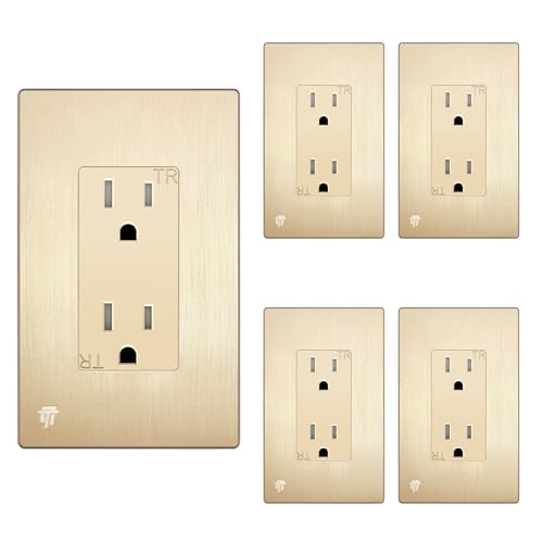 Image of ENERLITES Elite Series Decorator Receptacle Outlet Child Safe Tamper-Resistant, Gloss Finish, Self-Grounding, Residential Grade, 15A 125V, 61501-TR-GDWBP5P, Brushed Gold (5 Pack)