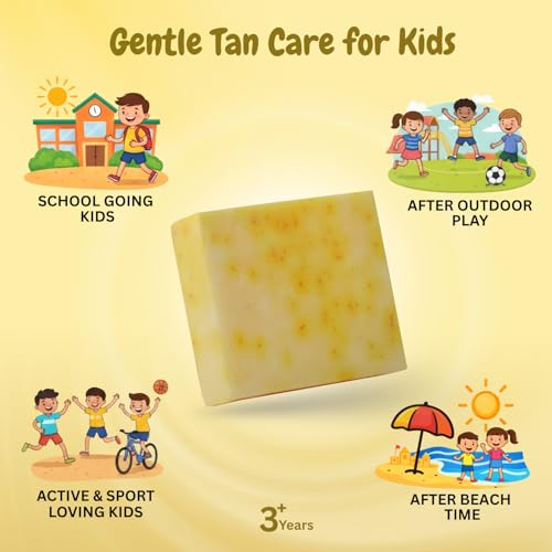 Image of Tekme After Sun Soap for Kids | Gentle Tan Removal & Daily Use Kids De-Tan Soap with Saffron, Turmeric, Papaya & Aloe Vera | Natural Handmade Soaps for 3 Years+ (75g x Pack of 3)