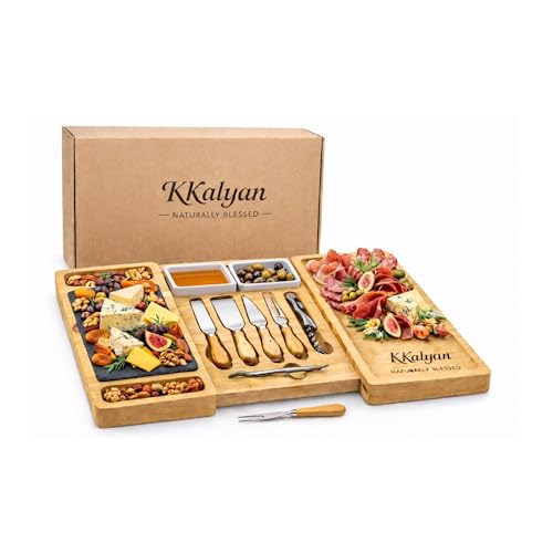 KKALYAN Planche Apero Extensible en Bambou avec Accessoires – Plateau Apéritif Dinatoire XXL 6 à 8 Personnes Couteaux Fromage, Bols Céramique, Ardoise –...