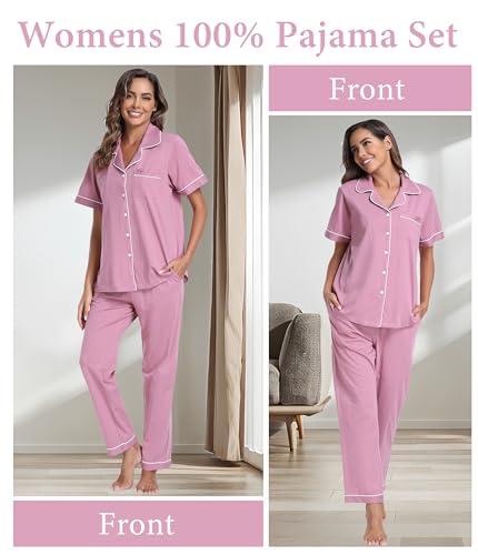 Image of CF Womens 100% Cotton Pajamas Set Button Down Pjs Sets Short Sleeve Top & Long Pants Sleepwear Comfy Loungewear with Pockets