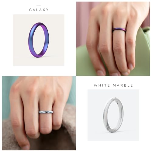 ThunderFit Silicone Wedding Bands for Women, Thin and Stackable 2.5mm Width - 2mm Thick (Bronze A, Silver A, Rose Gold C, Rose Gold A, Marble C, Light Coffee D, White, Black, Galaxy A - Size 3.5-4 (14.9mm))4