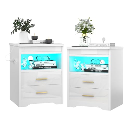 Mesitas de Noche Blancas Pack 2 Mesillas de Noche Dormitorio LED con Estación de Carga, Mesa de Noche con 3 Cajones, Cerradura de Seguridad, Armarios Deslizantes Ocultos, 39x44x58cm Mesita de Noche