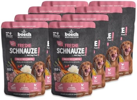 Bosch Freshe Schnauze, Huhn mit Reis und Karotten 8 x 250 g, Schonend Dampfgegartes Nassfutter für Hunde, Vollwertiges Alleinfuttermittel mit hohem Fleischgehalt, 8 x 250 g Hundena