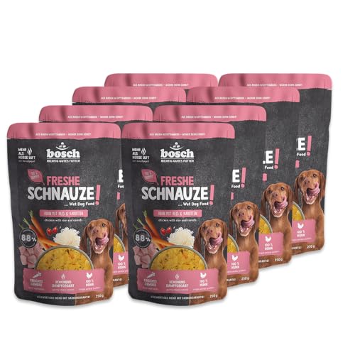 Bosch Freshe Schnauze, Huhn mit Reis und Karotten 8 x 250 g, Schonend Dampfgegartes Nassfutter für Hunde, Vollwertiges Alleinfuttermittel mit hohem Fleischgehalt, 8 x 250 g Hundenassfutter