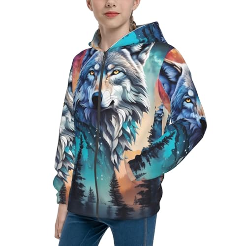 Animal Forest Wolves2 Kids Pullover Hoodies Boys Zip Up Sweatshirts Girls Athletic Clothes with Pocket