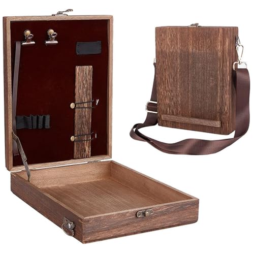 Writers Messenger Wood Box Handmade Wooden Organizer - Vintage Crossbody Bag with Leather Strap Portable Storage Case for Pens Notebook Foldable Lid as Temporary Writing Slope
