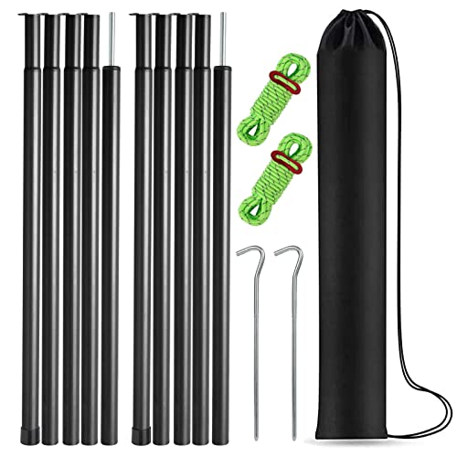 Tent Poles Adjustable Tarp Poles Steel Rods for Tarp Canopy Camping Replacement Set of 2 +Pegs & Reflective Ropes (Black)