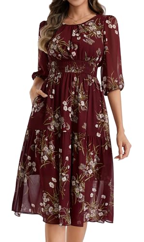Image of Kormei Women Casual Boho Floral Round Neck 3 /4 Sleeve Smocked Waist Tiered A Line Flowy Swing Midi Dress Long Dresses