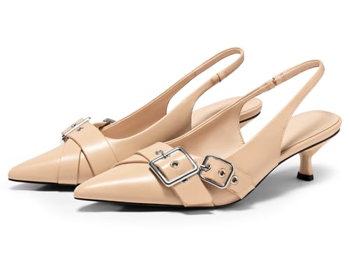Image of Coutgo Womens Slingback Kitten Heels Closed Pointed Toe Pumps Studded Buckle Strap Party Dress Shoes