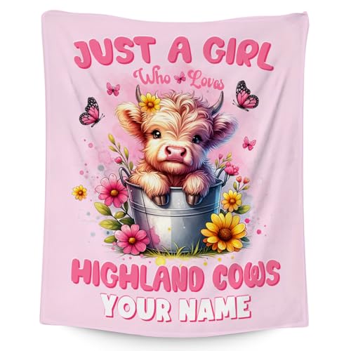 Custom Highland Cow Throw Blanket, Cozy Soft Throw Gifts for Girls, Cute Pink Flannel Throw Blankets for Couch Office, 40x50 Inches