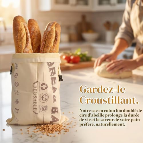 WOKICOR Sac à pain en cire d’abeille 32x42 cm, en coton biologique, réutilisable et lavable, idéal pour pain, baguettes, fruits et légumes, conserve la fraîcheur des produits de boulangerie – vue 5