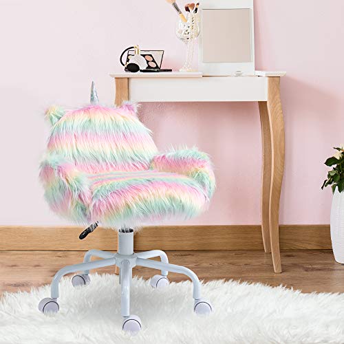 Image of HOMCOM Fluffy Unicorn Office Chair, Mid-Back Support, Rainbow | with Armrest Support, 5 Star Swivel Wheel, White Base