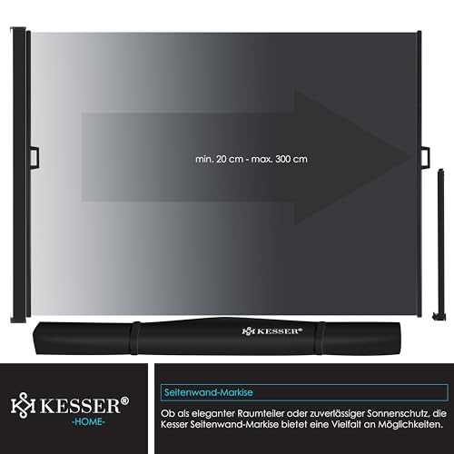 KESSER® Seitenmarkise ausziehbar Markise 180 x 300 cm Blickdicht Sichtschutz & Windschutz für Garten Balkon & Terrasse, Seitenrollo mit Wandhalterung, inkl. Wettercover & Montagezubehör, Dunkelgrau