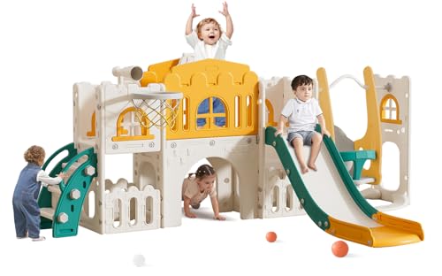 Image of 10 in 1 Toddler Slide, Age 1-3 with Swing, Basketball Hoop and Telescope, Kid Slide for Toddlers, Indoor Outdoor Playset Toddler Playground