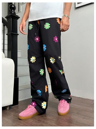 Men's Floral Parachute Pants Ruched Y2K Drawstring Waist Wide Leg Streetwear Pants4
