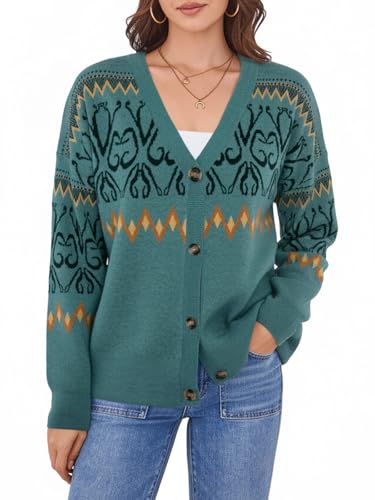 Cardigan Sweaters for Women Comfy Vintage Pattern Long Sleeve Button Down Sweater Lake Green Ethnic X-Large