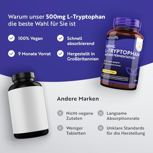 L-Tryptophan 500mg Hochdosiert - 270 Vegane Tabletten - Aus Pflanzlicher Fermentation - Premium Qualität L Tryptophan - Ohne Synthetische Bindemittel und Füllstoffe - Hergestellt von Nutravita