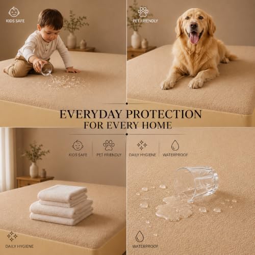 Image of BSB HOME Waterproof Terry Mattress Protector, Soft Cotton Terry Mattress Cover with Deep Pocket Fitted Sheet Style, Breathable & Noiseless Bed Protector, Single Bed- 36 x 72 +9 Inches - Warm Beige