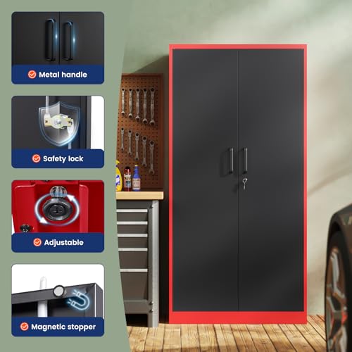 Image of Yizosh Metal Garage Storage Cabinet with 2 Doors and 5 Adjustable Shelves - 71 inch Steel Lockable File Cabinet,Locking Tool Cabinets for Office,Home,Garage,Gym,School (Red Black)