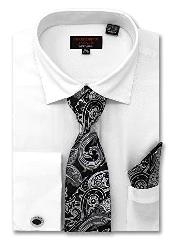 Christopher Tanner Men's Solid Micro Pattern Regular Fit French Cuffs Dress Shirts with Tie Hanky Cufflinks Combo