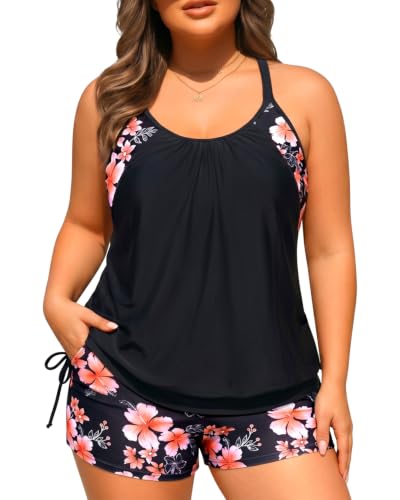 Image of Holipick Plus Size Tankini Swimsuits for Women Two Piece Tummy Control Bathing Suit Blouson Tankini Top with Shorts