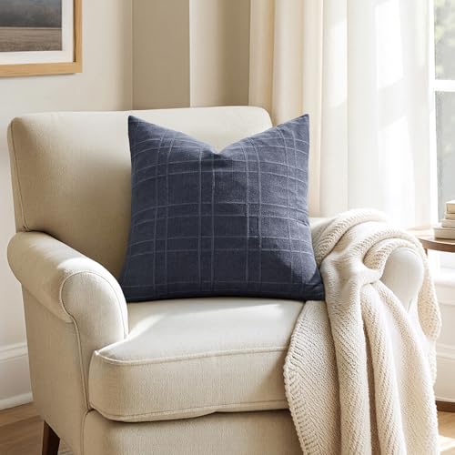 Image of MIULEE Decorative Linen Check Throw Pillow Covers Neutral Farmhouse Vintage Pillow Covers 20x20 Set of 2 Boho Modern Home Decor for Sofa Couch Bedroom Cushion Navy Blue
