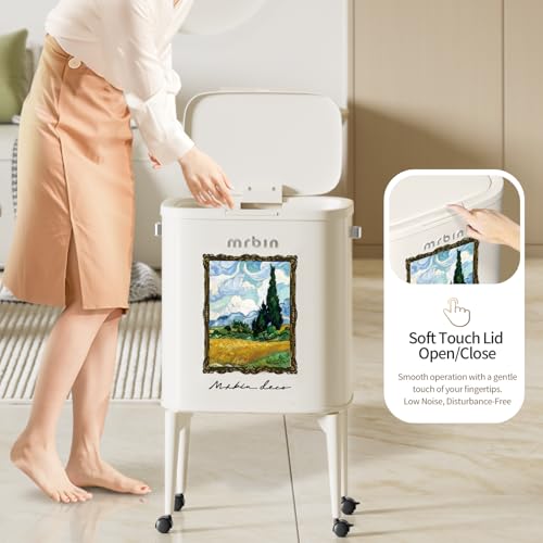 Image of MRBIN Metal Kitchen Trash Can with Wheel Legs, 36L / 9.5gal Medium Press Lid Slim Removable Waste Basket, Pet Proof Tall Narrow Garbage Pail for Vanity, Bedroom, Bathroom, Living Room, Wheatfield