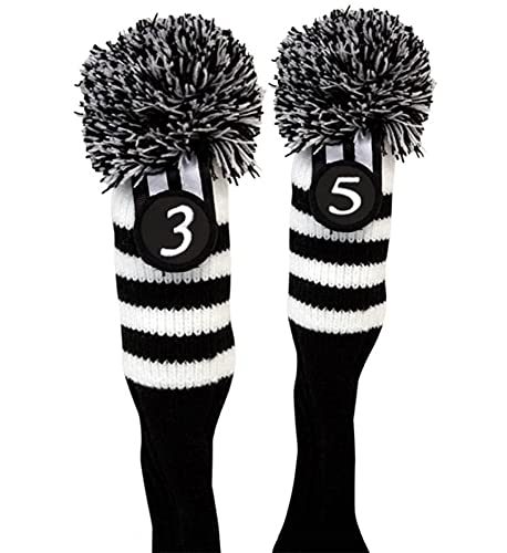 Pacific Golf Clubs Head Covers 3 5 Black and White Knit Retro Old School Vintage Stripe Pom Pom Throwback Classic