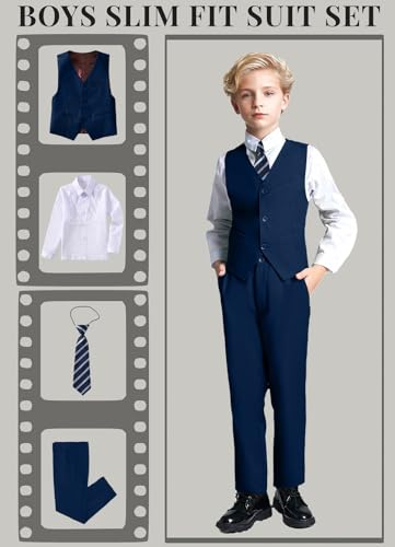 Image of YuanLu Toddler Boys Formal Suits Set,Vest Pants Dress Shirt and Tie for Kids Boy Wedding Ring Bearer Oufit
