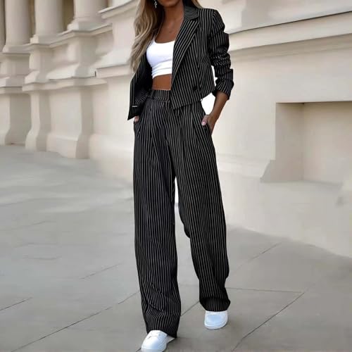 Chic Black Business Casual Sets for Women - Striped Blazer & High-Waisted Pants XL - Image 3