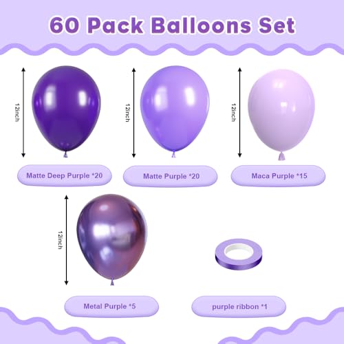 Image of Purple Balloons, 60Pcs Dark Purple Party Balloons | 12in Latex Balloons for Birthday, Bridal Showerl, Graduation Party Decorations