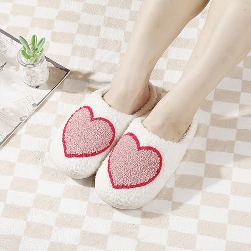 Image of Women's Men's Cute Fuzzy Heart Slippers Memory Foam Fluffy Couple Slippers Cozy House Indoor Outdoor Shoes