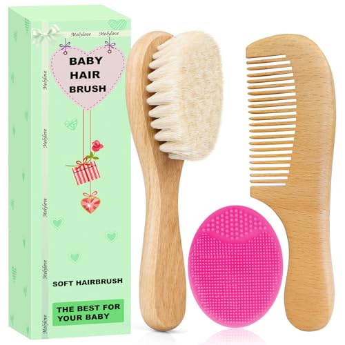 Image of Molylove Baby Hair Brush with Wooden Handle and Comb Set for Newborns & Toddlers | Natural Soft Goat Bristles l Wood Comb l Rose Red Cradle Cap Brush | Ideal for Cradle Cap (3 Piece)