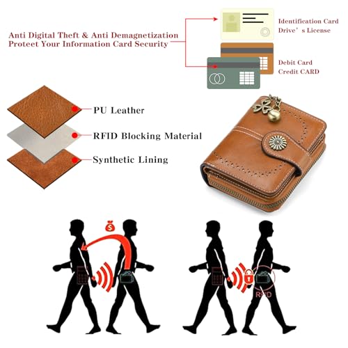 Image of Small Wallet for Women Leather Bifold Compact RFID Blocking with Zipper Coin Pocket