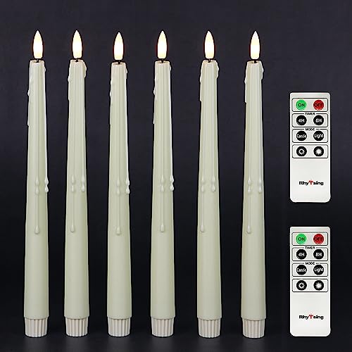 Image of Rhytsing Natural White Flameless Taper Candles with Timer Function, Battery Operated Dinner Long Candlestick Wax Drip Design, Warm White LED, 2 Remotes Included - Set of 6-29cm