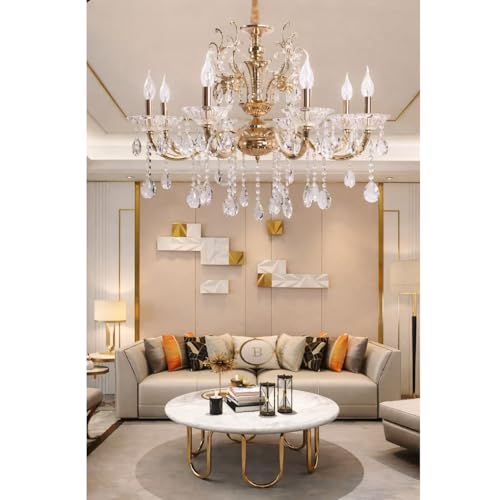 TEKHOME Lampadario in Cristallo Classico 8 Luci E14 per Soggiorno Sala da Pranzo 71cm A19 (ORO)