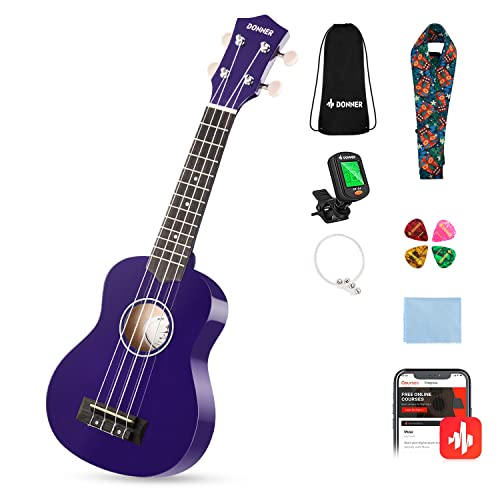 Image of Donner Soprano Ukulele for Beginners 21 Inch Ukelele Starter Bundle Kit with Free Online Lessons Bag Strap String Tuner Picks Cloth Ukalalee Yukalalee (Purple)