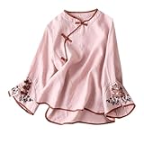 Womens Tops Long Sleeve Embroidery Floral V Neck Dressy T Shirts Chinese Ethnic Retro Lightweight Linen Tops Plus Size Pink
