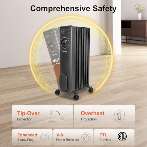 hykolity Electric Oil Filled Radiator, 1500W Portable Full Room Radiant Space Heater with Adjustable Thermostat, Remote, Led Display, Child Lock, Overheat & Tip-Over Protection, 24H Timer, Grey