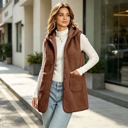Womens Fleece Vest Warm Hooded Sherpa Long Button Down Vest Cardigan - image 4