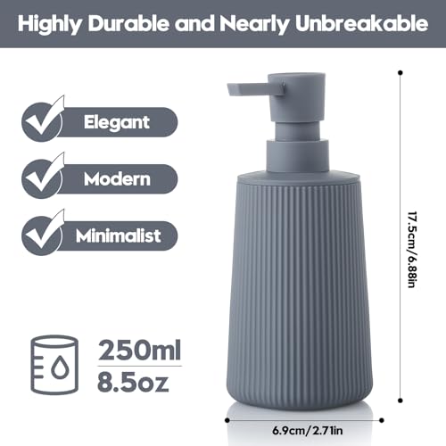 Image of Small Soap Dispenser for Bathroom and Kitchen, Modern Farmhouse Striped Style Plastic Hand Soap Dish Soap Dispenser with Pump Matte Gray