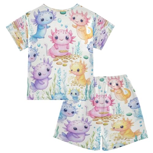 Pajama Sets Short Sleeve Cute Axolotl Watercolor Pattern Prints Soft Cotton Summer Sleepwear 2 Piece PJS Size 5-14T2
