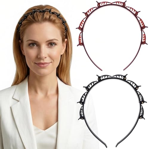PAGOW 2pcs Headband with Clips for Women Double Layer Bangs Hair Clip Hairpin Headband with Teeth Vintage 90s Braided Headbands Accessories for Daily Parties Festivals Hairstyling - Brown Black