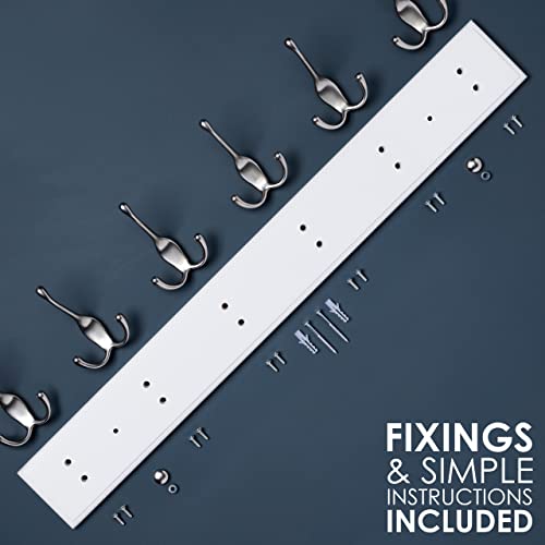 LARHN White Wall-Mounted Coat Rack - 6 Matt-Nickel Coat Hooks, 59cm - Image 5