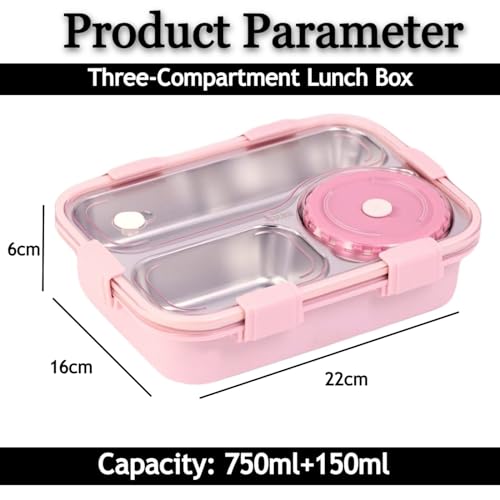 Image of Lovely Bright Solid Colored Airtight Leak-Proof Thermal Insulation Reusable Stainless Steel 3 Compartment Bento Lunch Box with Removable Bowl, Spoon, Fork & Chopsticks for Kids, School & Office