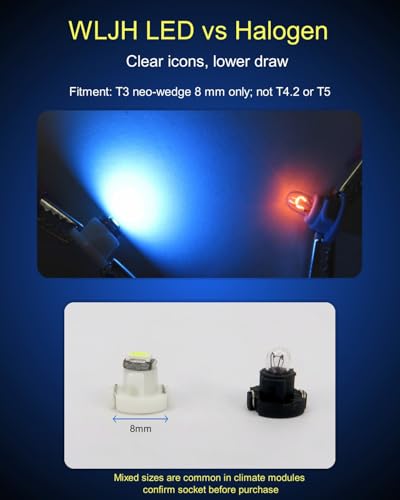 Image of WLJH 10x Ice Blue T3 Neo Wedge Led 3030 SMD Chip 8mm Base Car Dash Instrument Bulb Clock Check Engine Transmission Fasten Seat Belt Hi-Beam Parking Brake Turn Signal Ignition Indicator Lights | 3030 SMD, 12V, 60,000 Hours Lifespan, 360 Light Output, Climate Control, Indicator Lights, Gauge Cluster, 10-Pack