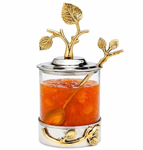 Godinger Elegant Leaf Jam & Honey Jar with Spoon – Stylish Stainless Steel & Glass Dish For Condiments, Sugar & Spreads – Decorative Serveware for Breakfast, Tea, Entertaining & Housewarming Gifts
